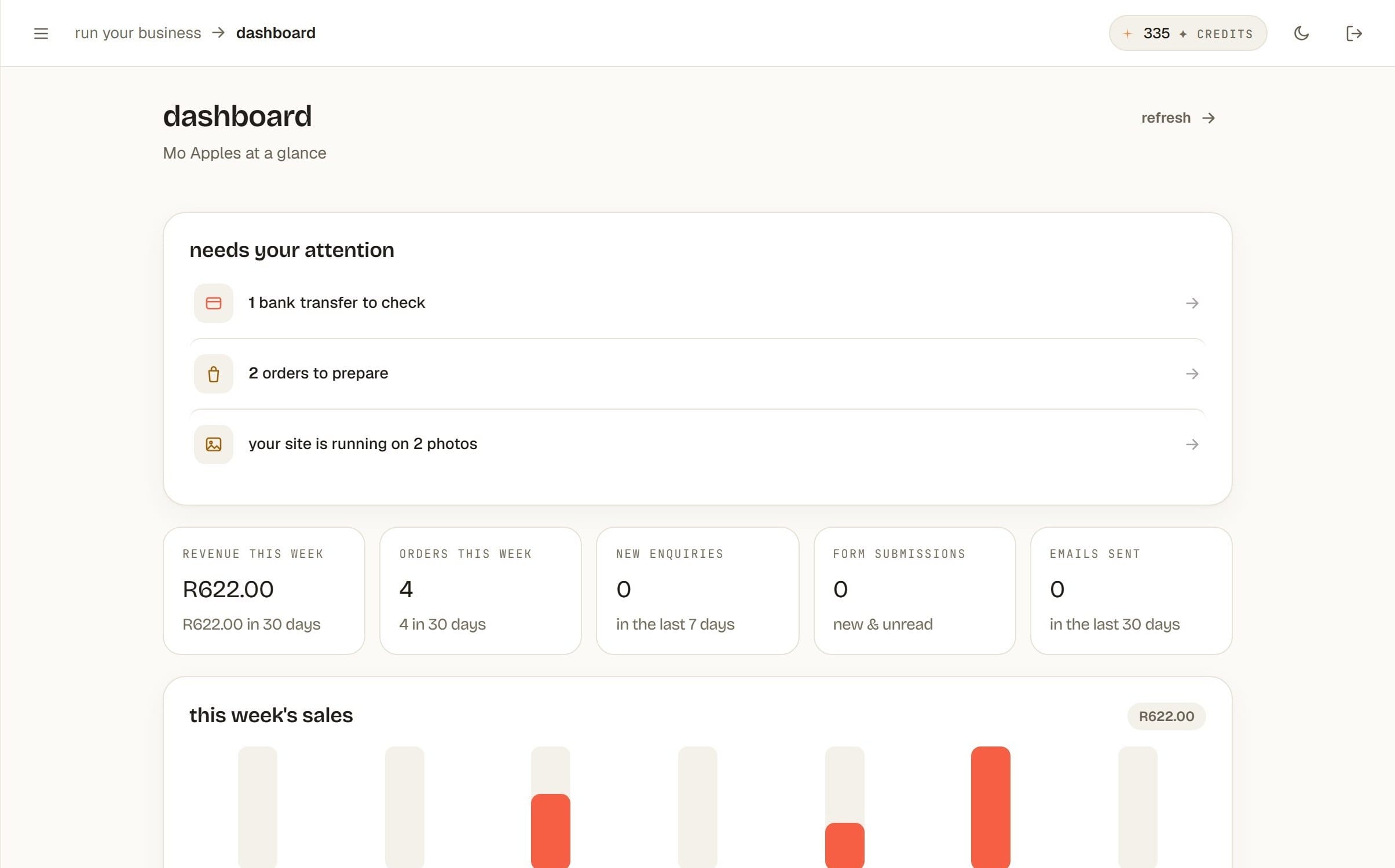 The Zaai Studio dashboard: R622.00 revenue this week, two orders to prepare, and a week of sales.