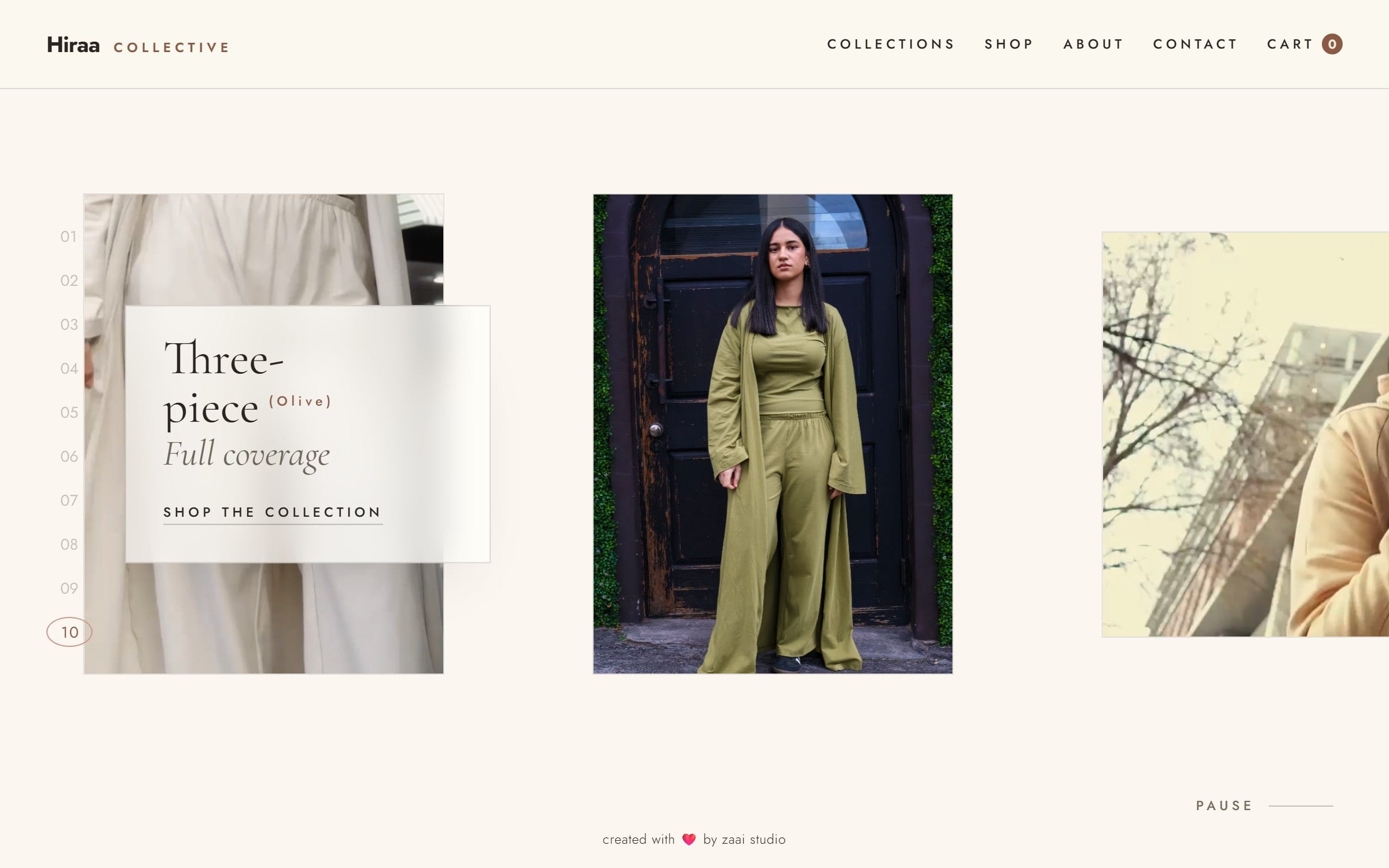 The Hiraa Collective shop: a full-width fashion carousel over cream, with a Three-piece Olive collection card.
