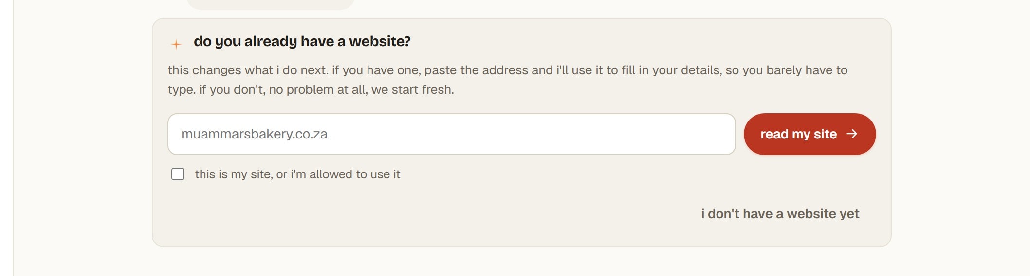 A card asking whether you already have a website, with an address field, a read my site button, an ownership checkbox, and an option saying you do not have one yet.