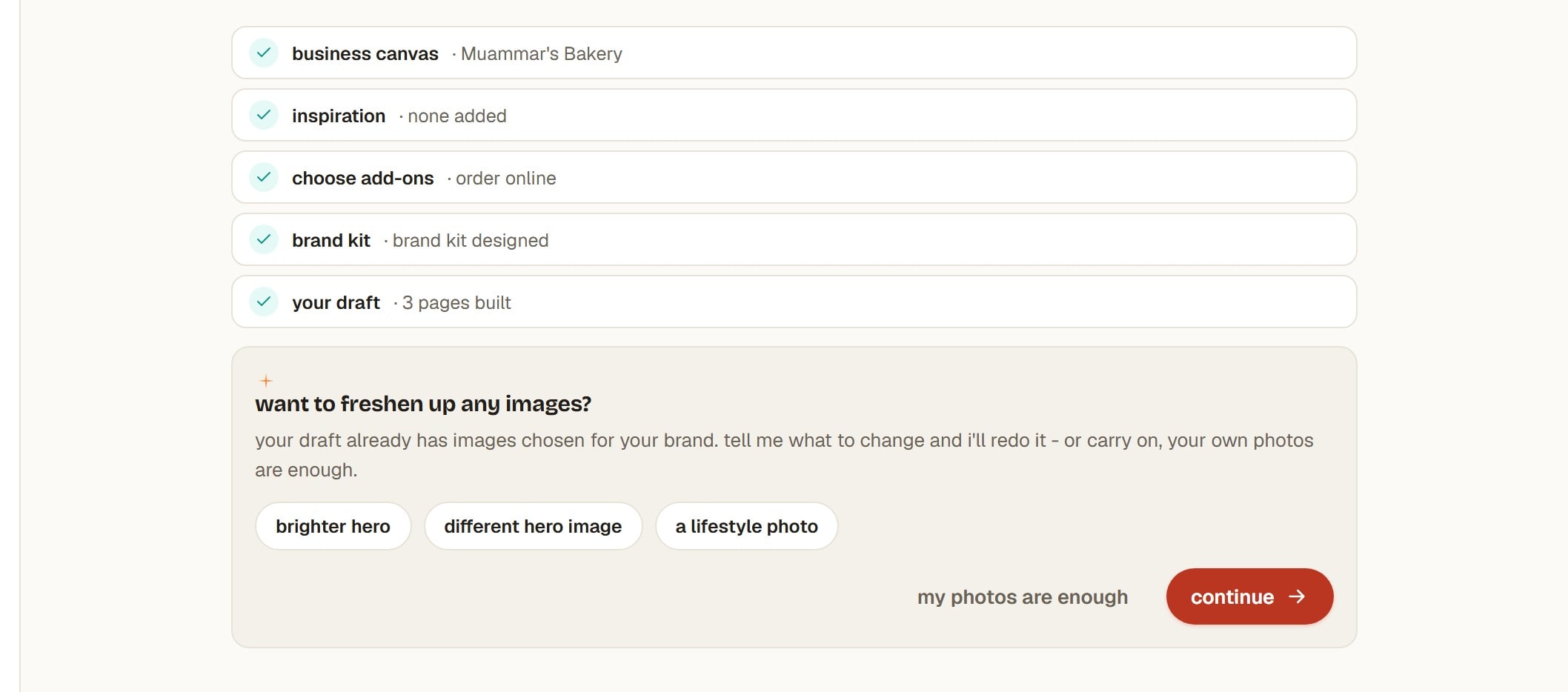 A card asking whether you want to freshen up any images on the built pages.