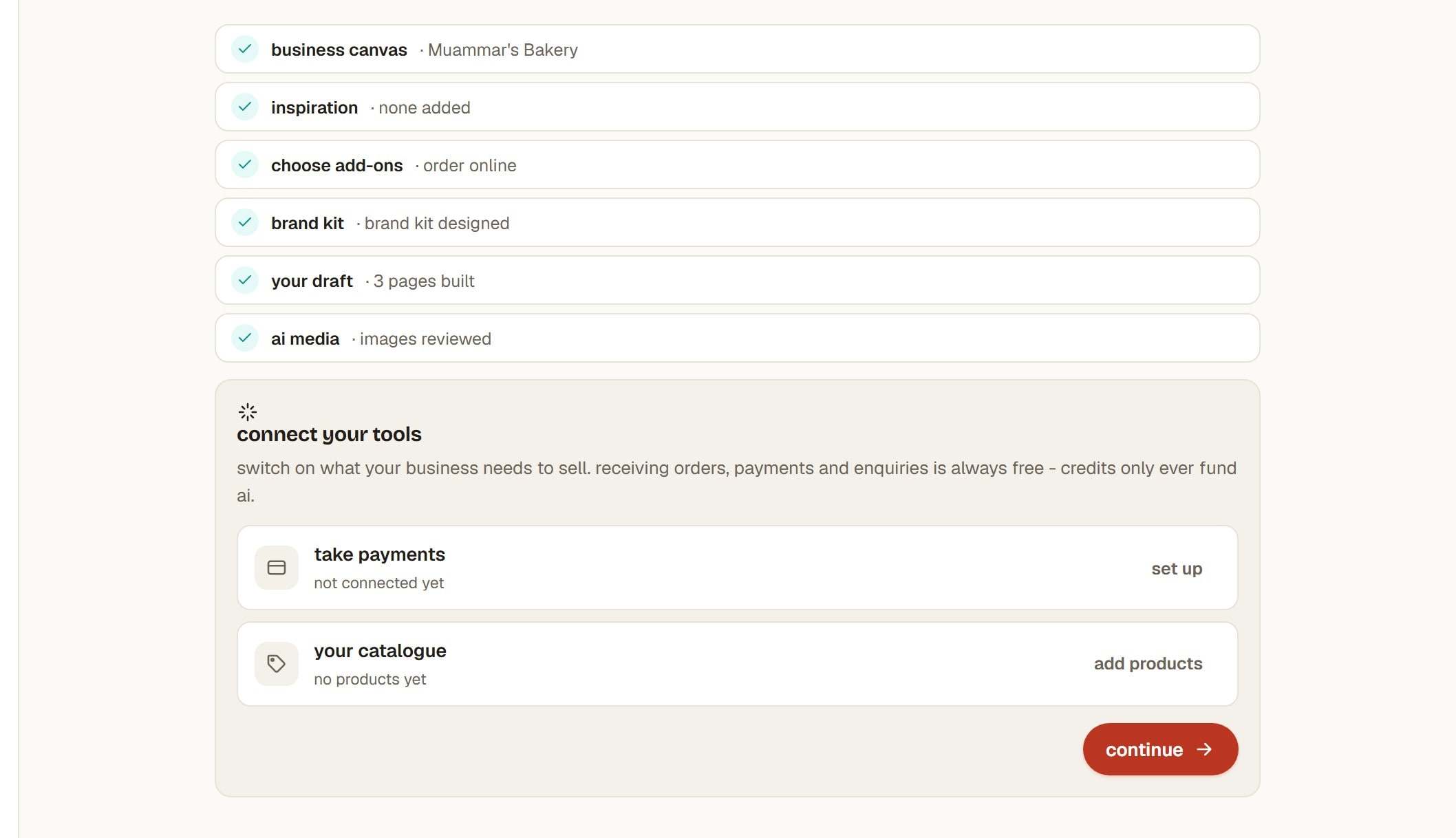 A card offering to connect payments, catalogue, forms and calendar tools.