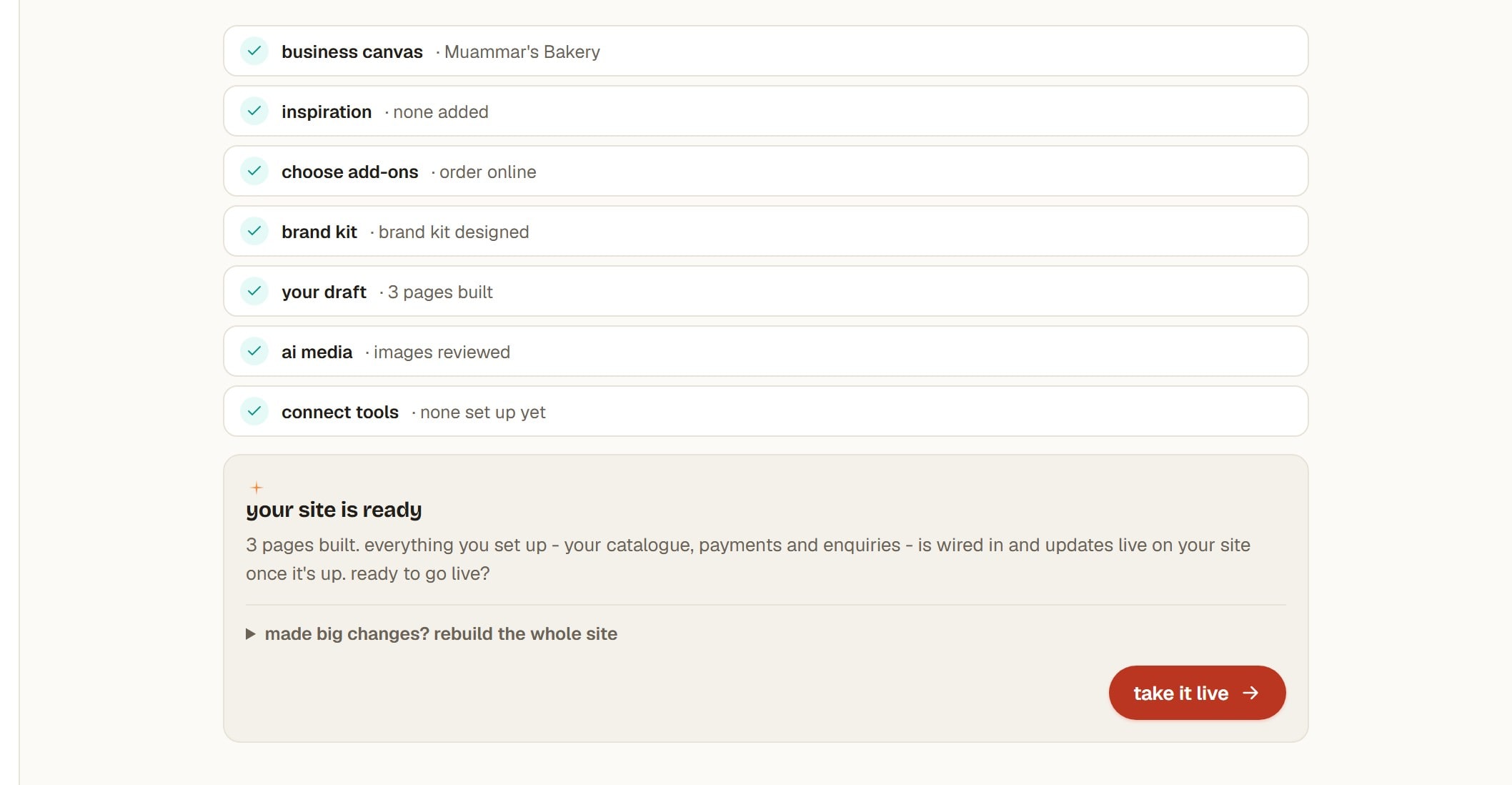 A card announcing that the site is ready to review.