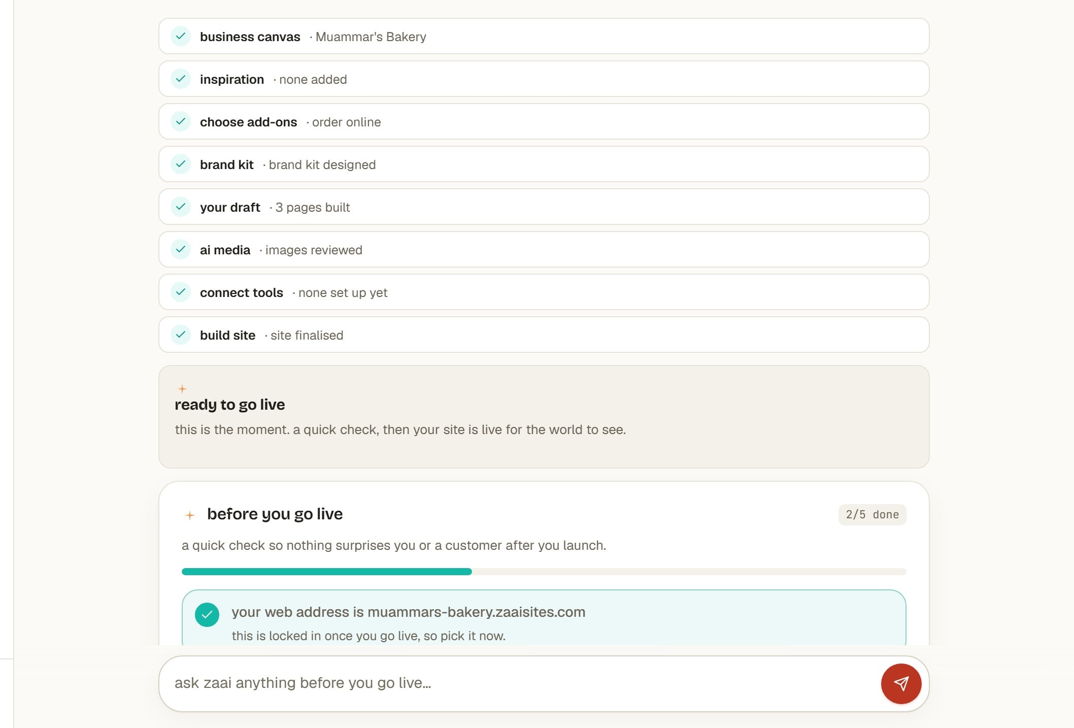 A card confirming the site is ready to go live, with the publish action.