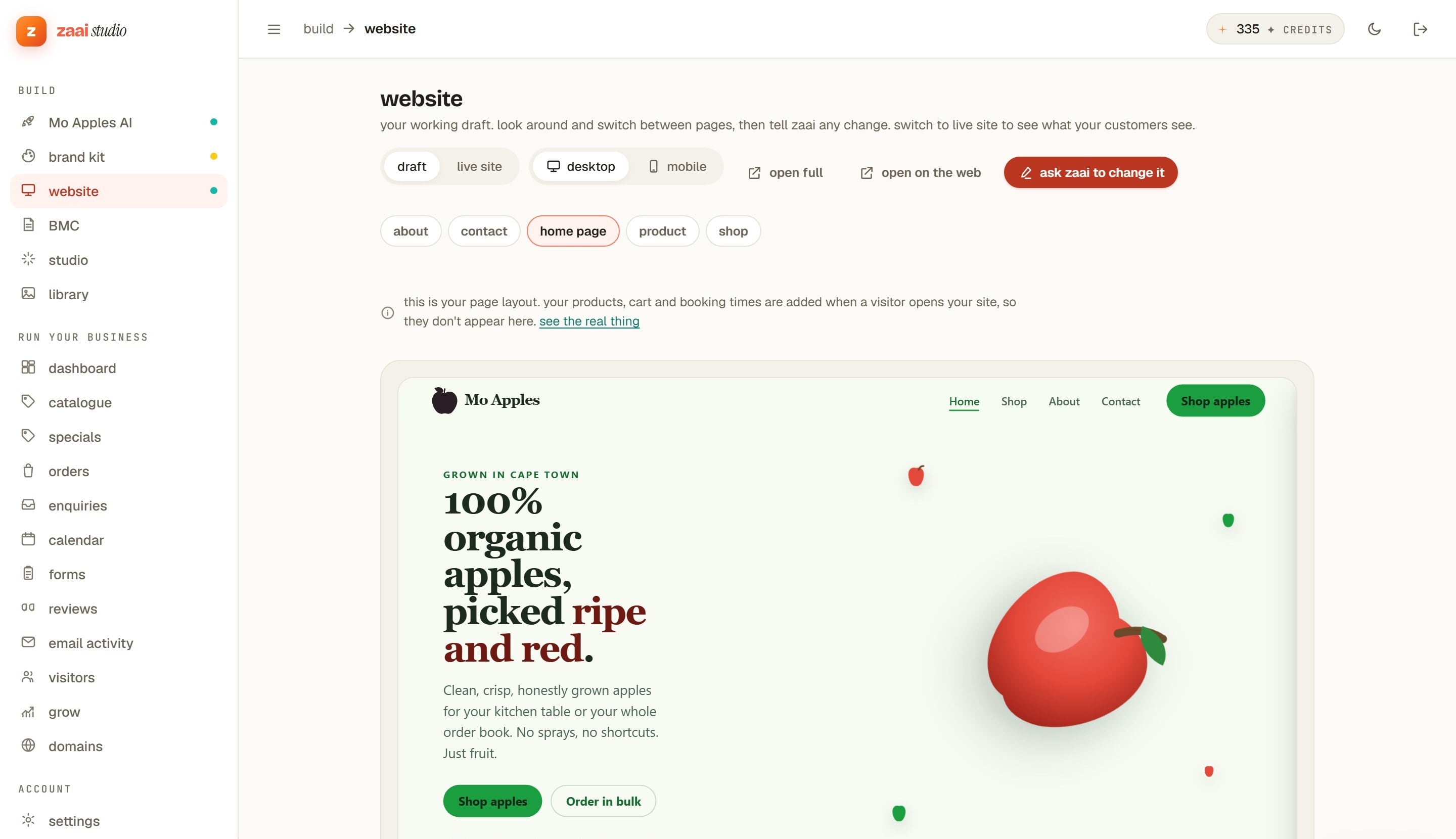 The Zaai Studio website tab: a draft and live-site toggle, desktop and mobile views, page tabs, and a live preview of a shop's home page.